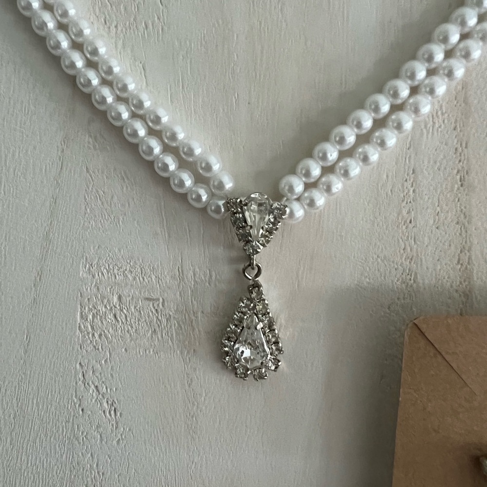 Double Strand Faux Pearl and Rhinestone Teardrop Necklace and Earrings (Set 1)